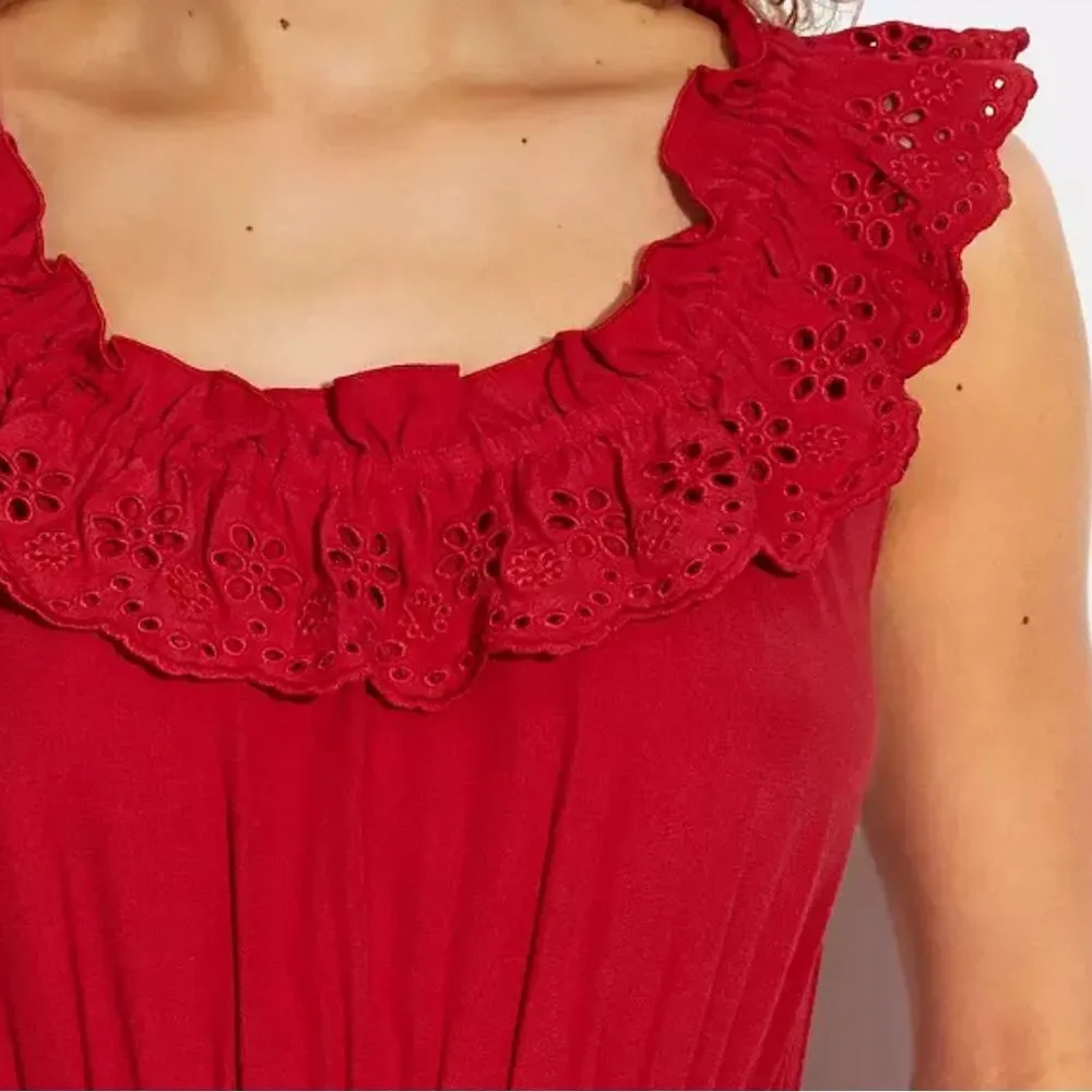 Coach sleeveless crimson eyelet ruffle elastic waist with pockets midi dress